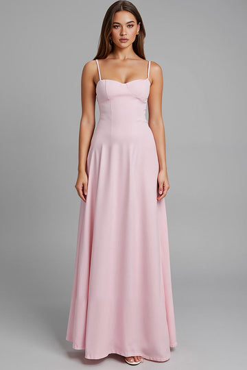Robe de soirée longue simple rose clair à bretelles spaghetti